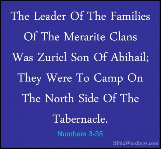 Numbers 3-35 - The Leader Of The Families Of The Merarite Clans WThe Leader Of The Families Of The Merarite Clans Was Zuriel Son Of Abihail; They Were To Camp On The North Side Of The Tabernacle. 