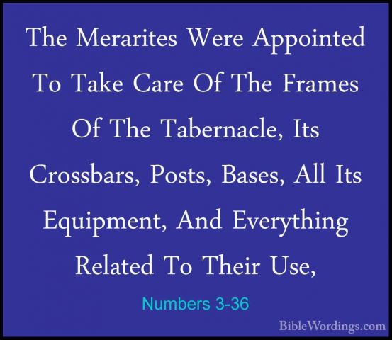 Numbers 3-36 - The Merarites Were Appointed To Take Care Of The FThe Merarites Were Appointed To Take Care Of The Frames Of The Tabernacle, Its Crossbars, Posts, Bases, All Its Equipment, And Everything Related To Their Use, 