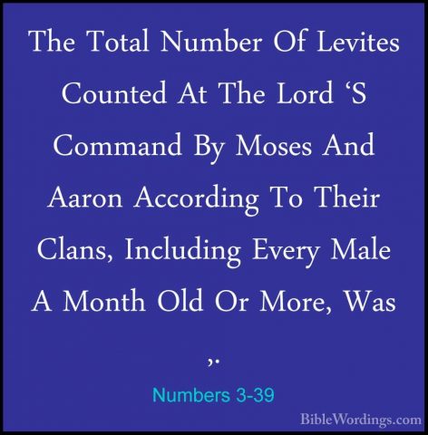 Numbers 3-39 - The Total Number Of Levites Counted At The Lord 'SThe Total Number Of Levites Counted At The Lord 'S Command By Moses And Aaron According To Their Clans, Including Every Male A Month Old Or More, Was ,. 