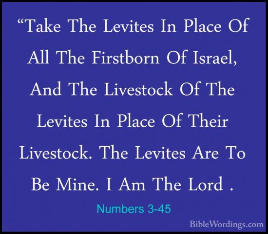 Numbers 3-45 - "Take The Levites In Place Of All The Firstborn Of"Take The Levites In Place Of All The Firstborn Of Israel, And The Livestock Of The Levites In Place Of Their Livestock. The Levites Are To Be Mine. I Am The Lord . 