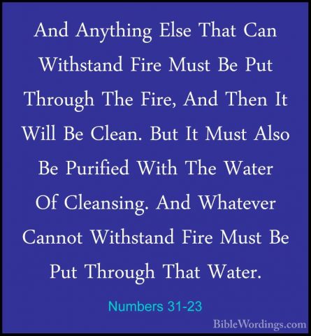 Numbers 31-23 - And Anything Else That Can Withstand Fire Must BeAnd Anything Else That Can Withstand Fire Must Be Put Through The Fire, And Then It Will Be Clean. But It Must Also Be Purified With The Water Of Cleansing. And Whatever Cannot Withstand Fire Must Be Put Through That Water. 