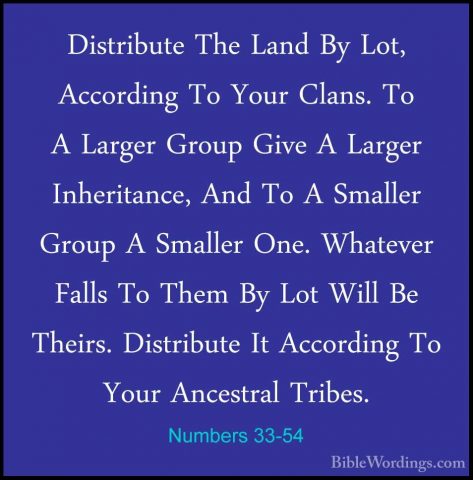 Numbers 33-54 - Distribute The Land By Lot, According To Your ClaDistribute The Land By Lot, According To Your Clans. To A Larger Group Give A Larger Inheritance, And To A Smaller Group A Smaller One. Whatever Falls To Them By Lot Will Be Theirs. Distribute It According To Your Ancestral Tribes. 