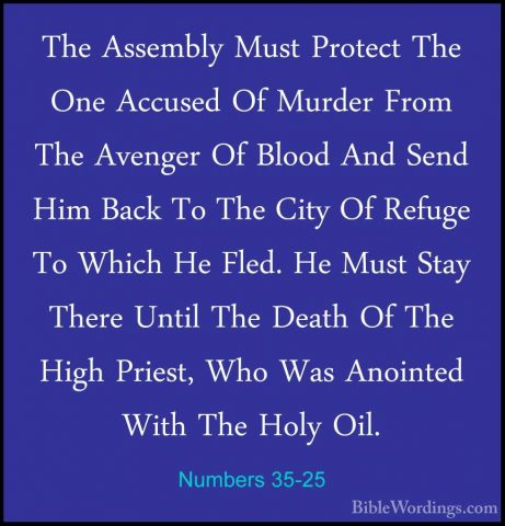 Numbers 35-25 - The Assembly Must Protect The One Accused Of MurdThe Assembly Must Protect The One Accused Of Murder From The Avenger Of Blood And Send Him Back To The City Of Refuge To Which He Fled. He Must Stay There Until The Death Of The High Priest, Who Was Anointed With The Holy Oil. 