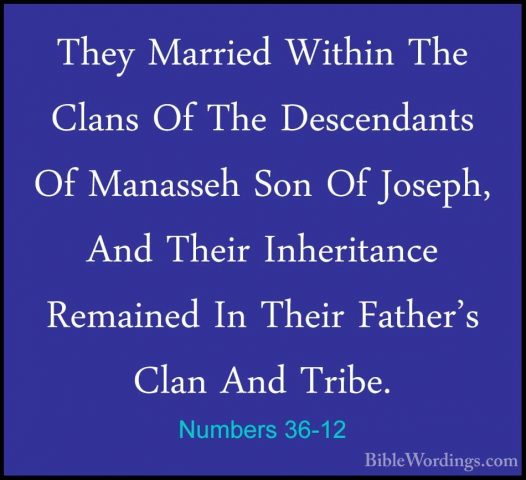 Numbers 36-12 - They Married Within The Clans Of The DescendantsThey Married Within The Clans Of The Descendants Of Manasseh Son Of Joseph, And Their Inheritance Remained In Their Father's Clan And Tribe. 