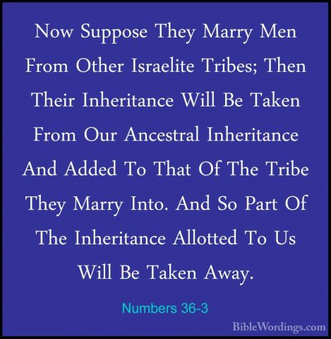 Numbers 36-3 - Now Suppose They Marry Men From Other Israelite TrNow Suppose They Marry Men From Other Israelite Tribes; Then Their Inheritance Will Be Taken From Our Ancestral Inheritance And Added To That Of The Tribe They Marry Into. And So Part Of The Inheritance Allotted To Us Will Be Taken Away. 