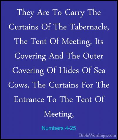 Numbers 4-25 - They Are To Carry The Curtains Of The Tabernacle,They Are To Carry The Curtains Of The Tabernacle, The Tent Of Meeting, Its Covering And The Outer Covering Of Hides Of Sea Cows, The Curtains For The Entrance To The Tent Of Meeting, 