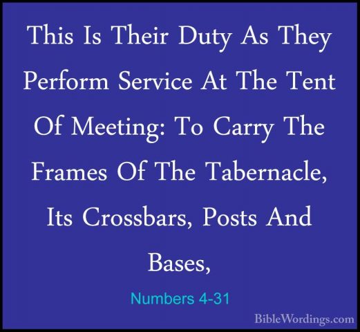 Numbers 4-31 - This Is Their Duty As They Perform Service At TheThis Is Their Duty As They Perform Service At The Tent Of Meeting: To Carry The Frames Of The Tabernacle, Its Crossbars, Posts And Bases, 