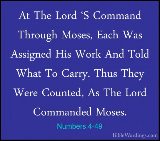 Numbers 4-49 - At The Lord 'S Command Through Moses, Each Was AssAt The Lord 'S Command Through Moses, Each Was Assigned His Work And Told What To Carry. Thus They Were Counted, As The Lord Commanded Moses.