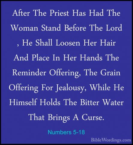 Numbers 5-18 - After The Priest Has Had The Woman Stand Before ThAfter The Priest Has Had The Woman Stand Before The Lord , He Shall Loosen Her Hair And Place In Her Hands The Reminder Offering, The Grain Offering For Jealousy, While He Himself Holds The Bitter Water That Brings A Curse. 