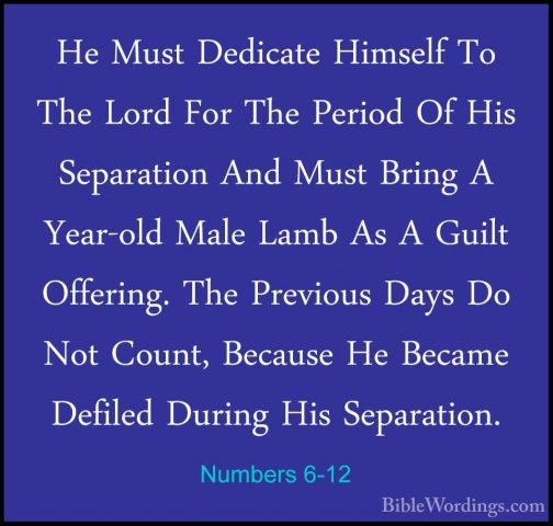 Numbers 6-12 - He Must Dedicate Himself To The Lord For The PerioHe Must Dedicate Himself To The Lord For The Period Of His Separation And Must Bring A Year-old Male Lamb As A Guilt Offering. The Previous Days Do Not Count, Because He Became Defiled During His Separation. 