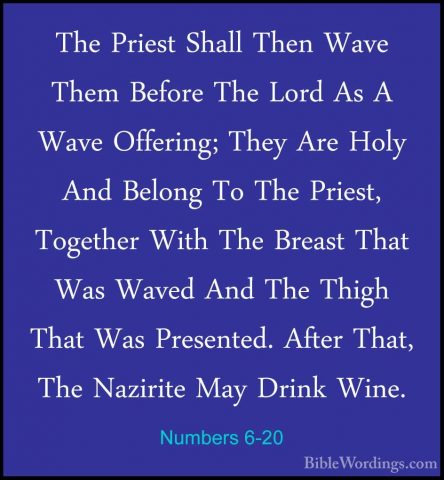 Numbers 6-20 - The Priest Shall Then Wave Them Before The Lord AsThe Priest Shall Then Wave Them Before The Lord As A Wave Offering; They Are Holy And Belong To The Priest, Together With The Breast That Was Waved And The Thigh That Was Presented. After That, The Nazirite May Drink Wine. 