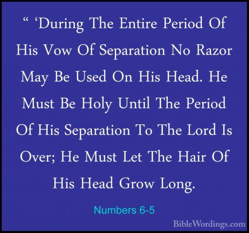 Numbers 6-5 - " 'During The Entire Period Of His Vow Of Separatio" 'During The Entire Period Of His Vow Of Separation No Razor May Be Used On His Head. He Must Be Holy Until The Period Of His Separation To The Lord Is Over; He Must Let The Hair Of His Head Grow Long. 