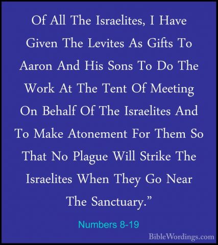 Numbers 8-19 - Of All The Israelites, I Have Given The Levites AsOf All The Israelites, I Have Given The Levites As Gifts To Aaron And His Sons To Do The Work At The Tent Of Meeting On Behalf Of The Israelites And To Make Atonement For Them So That No Plague Will Strike The Israelites When They Go Near The Sanctuary." 