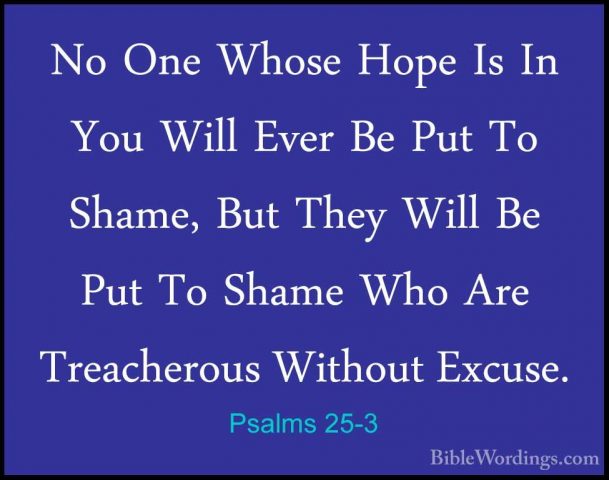 Psalms 25-3 - No One Whose Hope Is In You Will Ever Be Put To ShaNo One Whose Hope Is In You Will Ever Be Put To Shame, But They Will Be Put To Shame Who Are Treacherous Without Excuse. 