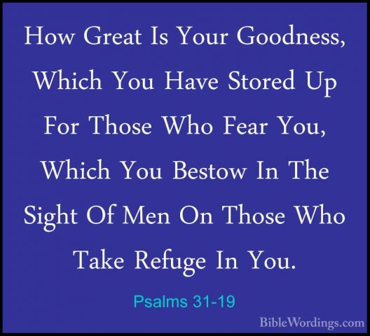 Psalms 31-19 - How Great Is Your Goodness, Which You Have StoredHow Great Is Your Goodness, Which You Have Stored Up For Those Who Fear You, Which You Bestow In The Sight Of Men On Those Who Take Refuge In You. 
