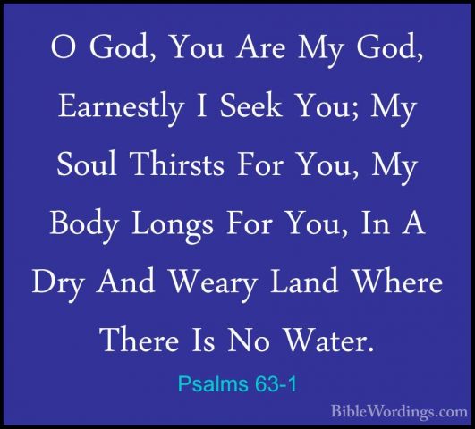 Psalms 63-1 - O God, You Are My God, Earnestly I Seek You; My SouO God, You Are My God, Earnestly I Seek You; My Soul Thirsts For You, My Body Longs For You, In A Dry And Weary Land Where There Is No Water. 