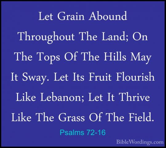 Psalms 72-16 - Let Grain Abound Throughout The Land; On The TopsLet Grain Abound Throughout The Land; On The Tops Of The Hills May It Sway. Let Its Fruit Flourish Like Lebanon; Let It Thrive Like The Grass Of The Field. 