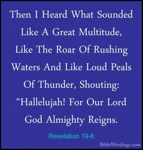 Revelation 19-6 - Then I Heard What Sounded Like A Great MultitudThen I Heard What Sounded Like A Great Multitude, Like The Roar Of Rushing Waters And Like Loud Peals Of Thunder, Shouting: "Hallelujah! For Our Lord God Almighty Reigns. 