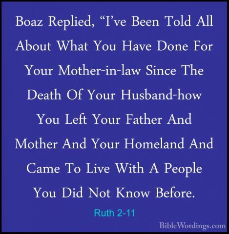 Ruth 2-11 - Boaz Replied, "I've Been Told All About What You HaveBoaz Replied, "I've Been Told All About What You Have Done For Your Mother-in-law Since The Death Of Your Husband-how You Left Your Father And Mother And Your Homeland And Came To Live With A People You Did Not Know Before. 