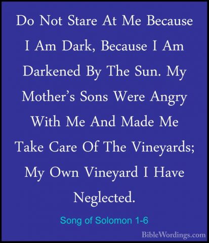 Song of Solomon 1-6 - Do Not Stare At Me Because I Am Dark, BecauDo Not Stare At Me Because I Am Dark, Because I Am Darkened By The Sun. My Mother's Sons Were Angry With Me And Made Me Take Care Of The Vineyards; My Own Vineyard I Have Neglected. 