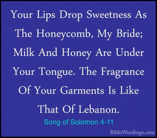 Song of Solomon 4-11 - Your Lips Drop Sweetness As The Honeycomb,Your Lips Drop Sweetness As The Honeycomb, My Bride; Milk And Honey Are Under Your Tongue. The Fragrance Of Your Garments Is Like That Of Lebanon. 