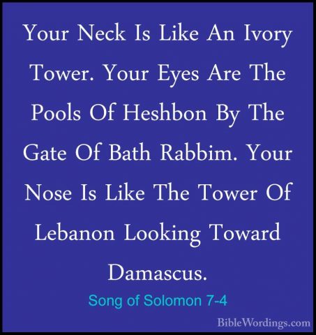 Song of Solomon 7-4 - Your Neck Is Like An Ivory Tower. Your EyesYour Neck Is Like An Ivory Tower. Your Eyes Are The Pools Of Heshbon By The Gate Of Bath Rabbim. Your Nose Is Like The Tower Of Lebanon Looking Toward Damascus. 