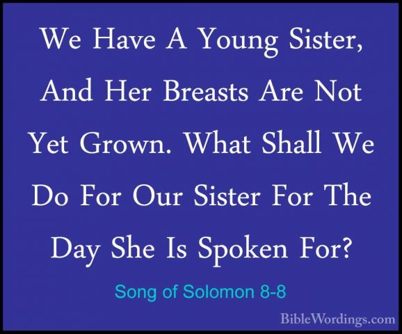 Song of Solomon 8-8 - We Have A Young Sister, And Her Breasts AreWe Have A Young Sister, And Her Breasts Are Not Yet Grown. What Shall We Do For Our Sister For The Day She Is Spoken For? 