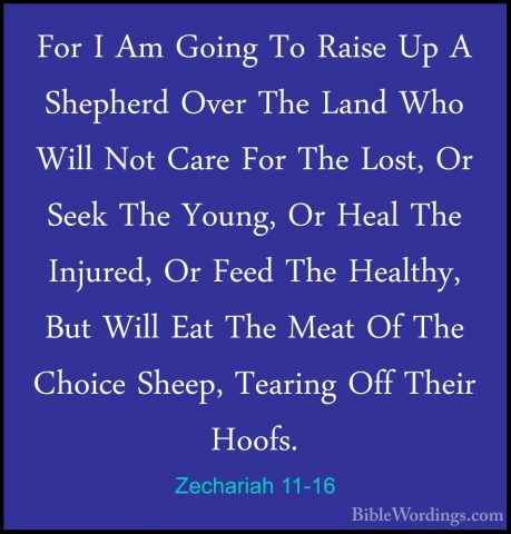 Zechariah 11-16 - For I Am Going To Raise Up A Shepherd Over TheFor I Am Going To Raise Up A Shepherd Over The Land Who Will Not Care For The Lost, Or Seek The Young, Or Heal The Injured, Or Feed The Healthy, But Will Eat The Meat Of The Choice Sheep, Tearing Off Their Hoofs. 