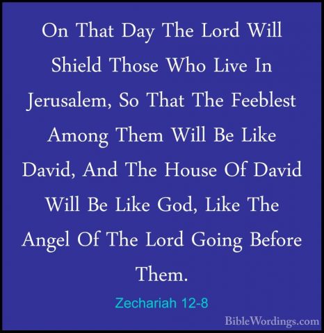 Zechariah 12-8 - On That Day The Lord Will Shield Those Who LiveOn That Day The Lord Will Shield Those Who Live In Jerusalem, So That The Feeblest Among Them Will Be Like David, And The House Of David Will Be Like God, Like The Angel Of The Lord Going Before Them. 