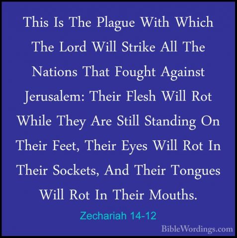 Zechariah 14-12 - This Is The Plague With Which The Lord Will StrThis Is The Plague With Which The Lord Will Strike All The Nations That Fought Against Jerusalem: Their Flesh Will Rot While They Are Still Standing On Their Feet, Their Eyes Will Rot In Their Sockets, And Their Tongues Will Rot In Their Mouths. 